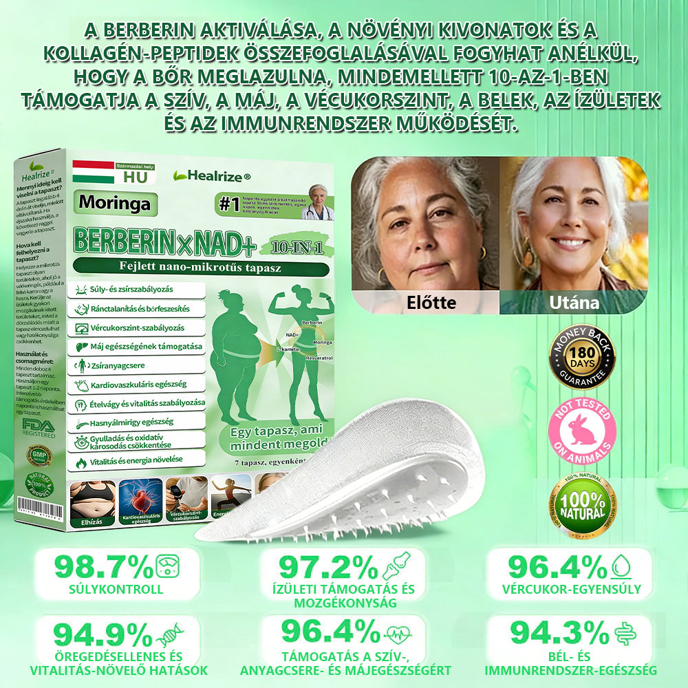 🇭🇺【Utolsó napi akció 80% KEDVEZMÉNY】💍Healrize® Moringa–Berberin és NAD+ 10 az 1-ben Fejlett Nano Mikrotűs Tapasz✨7 Párna dobozonként · Egyhetes készlet