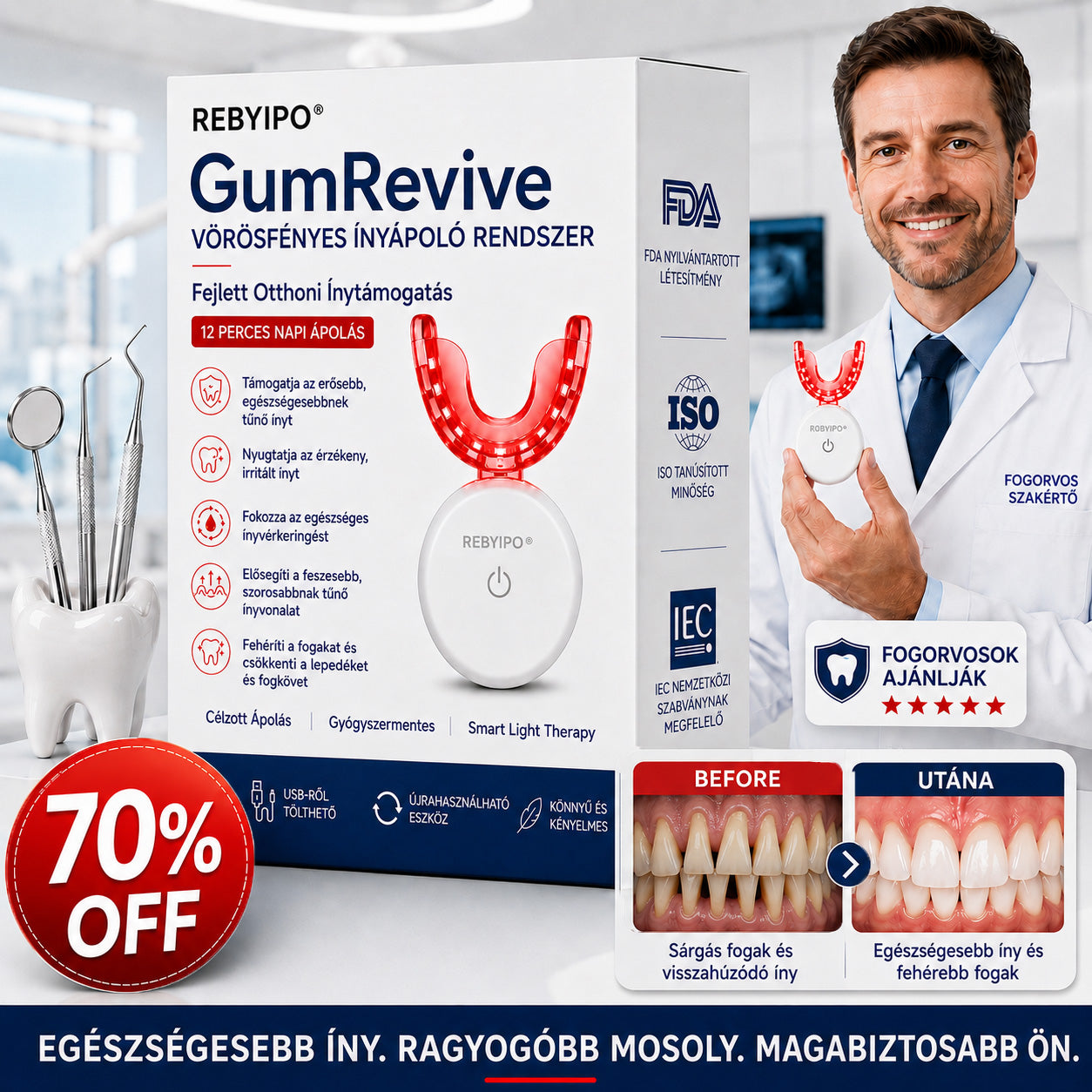 🔥 Spórolj 50%-ot Ma! 丨 REBYIPO® GumRevive – Fejlett Kettős Hullámhosszú Ínyápoló Rendszer 🦷✨