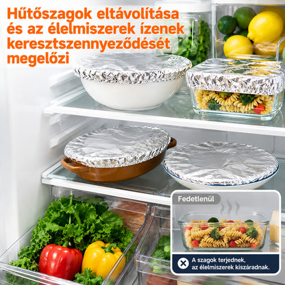 SVOZK® 🍽️ Újrahasználható, rugalmas alumíniumfóliás ételfedők tálakhoz, tányérokhoz és edényekhez — tartsa frissebben a maradékokat, készítse elő egyszerűbben az ételeket, és tároljon mindent rendezetten a hűtőben. ✨🥗❄️
